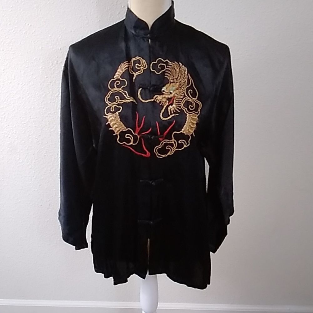 Kimono Top Chinese Silk Embroidered Dragon Unisex Size L Approximately